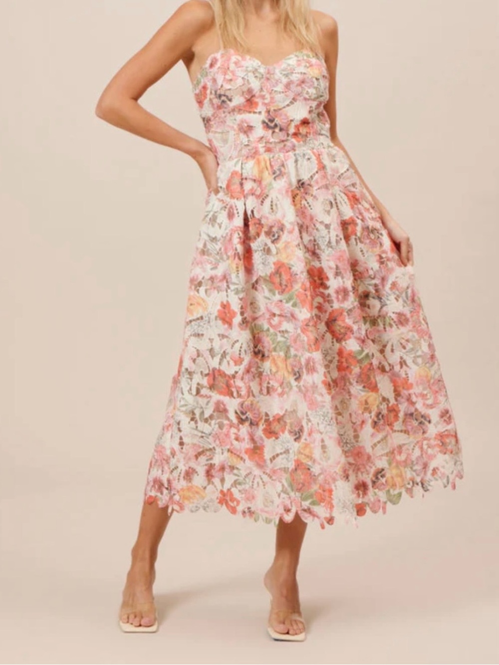 Lucy Paris  Floral Lace Midi Dress in Pink & Peach